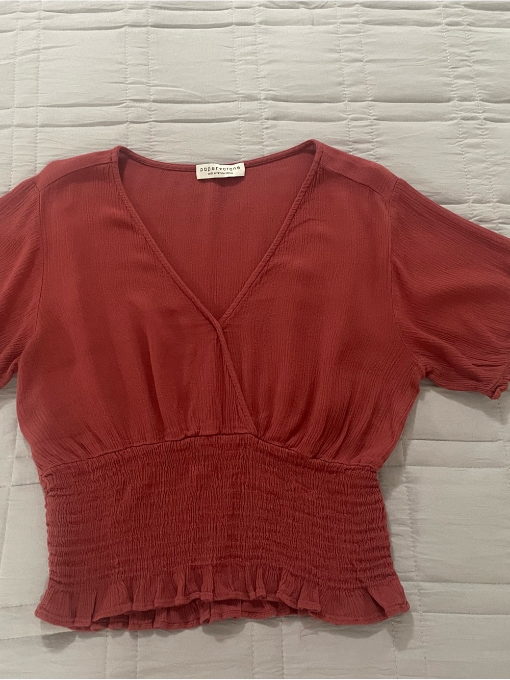 Paper Crane Rust Red Smocked-Waist V-Neck Crop Top